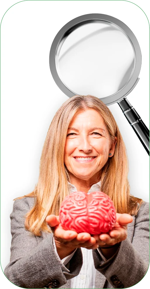 Neuropsicóloga sorrindo segurando um cérebro nas mãos, com uma lupa ao fundo
